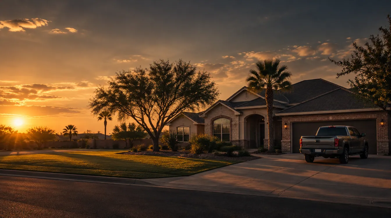 Family home at sunset in a Laredo, Texas neighborhood
